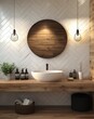 © olegganko - Modern bathroom design featuring a sleek sink and stylish decor against herringbone wall pattern