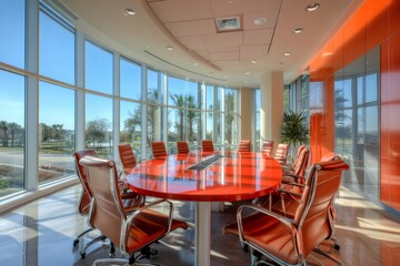 Poster - Modern conference room with red table and leather chairs