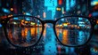 © ShinneProject - A close-up of glasses reflecting a rainy cityscape with vibrant lights and reflections.