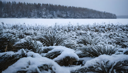 Wall Mural - Dry grass covered with fresh snow near frozen lake in winter