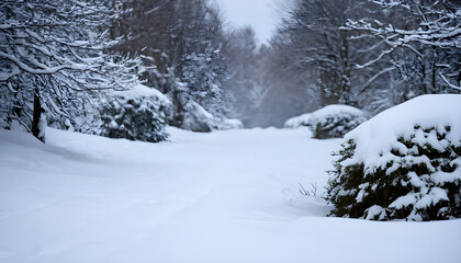 Wall Mural - Snow covered path winding through trees covered in snow