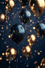 Wall Mural - Balloon bouquet with gold confetti against a dark background for celebrations