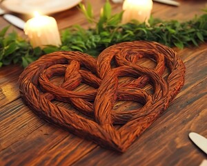 Wall Mural - Wooden heart centerpiece on table with candles.