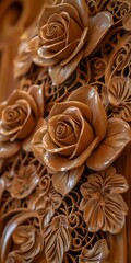 Wall Mural - Wooden roses carving detailed pattern.