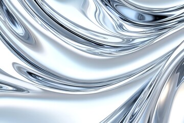 Poster - An abstract metallic surface with fluid, smooth curves and glossy reflections in silver and blue tones, creating a futuristic