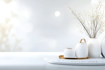 Poster - A minimalist and elegant arrangement featuring white ceramic vases with delicate dried flowers placed on a round white marble tray with gold accents. The soft background with bokeh lighting and bright