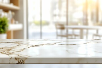 Poster - Luxurious marble countertop with intricate brown and gold veins set in a bright and modern interior. The blurred background highlights the cozy atmosphere with natural light pouring through large wind