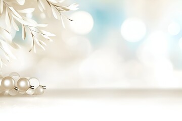 Poster - An elegant composition featuring delicate white and gold decorative branches paired with glowing pearls against a soft, dreamy bokeh background in warm beige and light blue tones. The image evokes a s