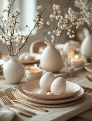 Wall Mural - Elegant table setting with eggs and flowers in a cozy dining space during the day