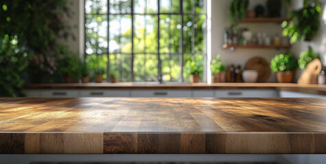 A kitchen with a wooden countertop and a window