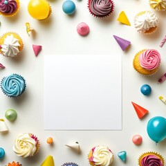 Wall Mural - Colorful cupcake display with assorted sweets and a blank space for celebration invitations