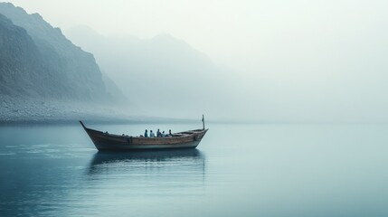 Wall Mural - Calm boat on a misty lake surrounded by mountains at dawn