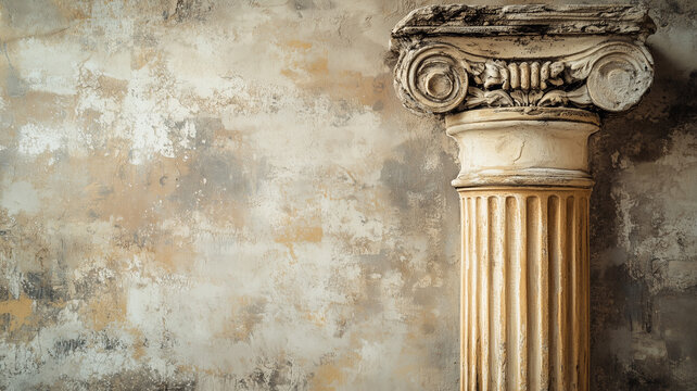 Antique background with Corinthian column background. Antique Ancient Roman wallpaper with Corinthian order. Old plaster concept background. AI artwork.