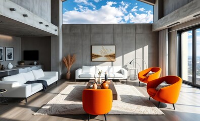 Modern industrial living room, concrete walls, floor-to-ceiling windows, bright natural light, orange accent chairs, minimalist decor, open concept, high ceilings, contemporary artwork, floating shelv