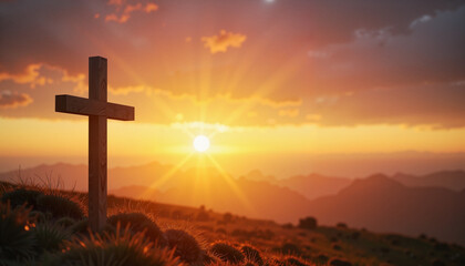 Wooden cross silhouetted against sunrise on hill, Easter symbolism