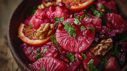 Wall Mural - Citrus pomegranate walnut salad in bowl on rustic wood table.