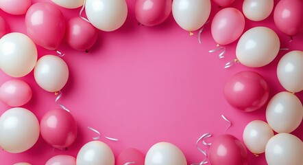 Wall Mural - Colorful balloons surround a vibrant pink background for a festive celebration