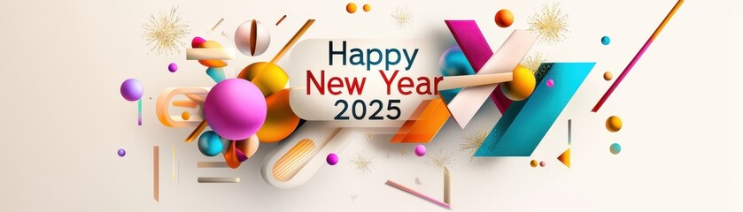 Poster - Elegant Geometric Typography Design for Celebrating Happy New Year 2025 with Vibrant Colors and Shapes