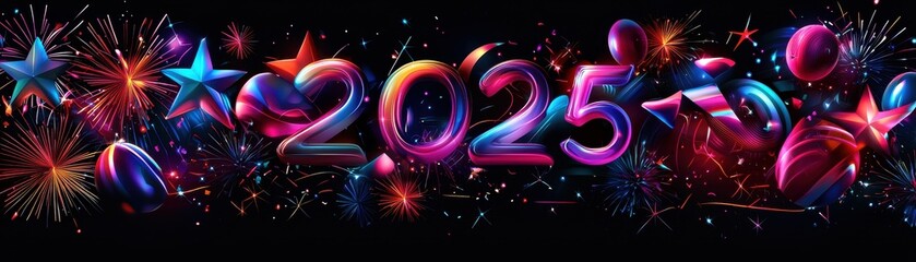 Poster - Modern Multicolored Graphic Design Elements Celebrating the Year 2025 with Explosion of Colors and Patterns