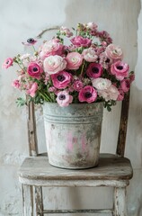 Wall Mural - Freshly arranged ranunculus flowers in a rustic pot on a wooden chair indoors