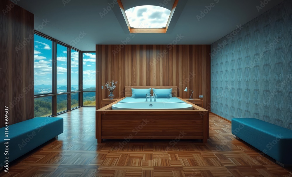 Foto de Stock Minimalist wooden bedroom with bathtub in white and blue ...