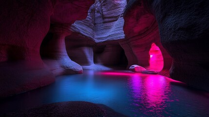 Poster - Pink and blue illuminated cave with water.