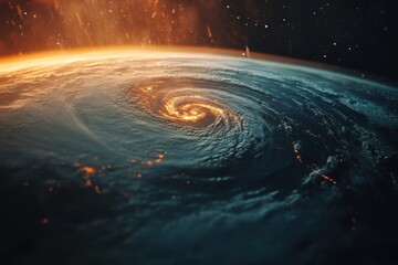 Wall Mural - Powerful hurricane swirling above Earth at night with glowing lights and vibrant colors