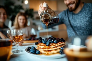 An Asian father watches as his daughter prepares breakfast pancakes in the kitchen