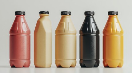 Five plastic bottles in a row, showcasing various colors and shapes, perfect for mockups.