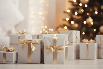 Gifts under Christmas tree by a fireplace. White minimalistic Scandinavian style New Year interior. Stack of presents on the floor. Blurred living room background with copy space. Cozy Holidays.