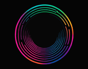 Poster - Circle Shape Gradient Lines on a Black Background. Abstract Geometric Curve Pattern. Creative Vector Neon Colored Gradient