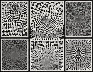 Poster - Set of Posters with Psychedelic Checkerboard Patterns. Abstract Black and White Geometric Texture. Vector Print with Optical Illusions
