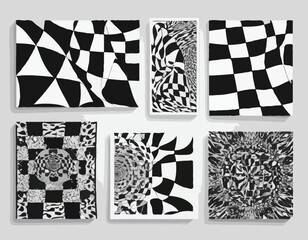 Poster - Set of Posters with Psychedelic Checkerboard Patterns. Abstract Black and White Geometric Texture. Vector Print with Optical Illusions