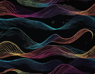 Poster - Abstract Color Line Shape on a Black Background. Vector Curve Gradient Wave Pattern. Doodle Geometric Design Element