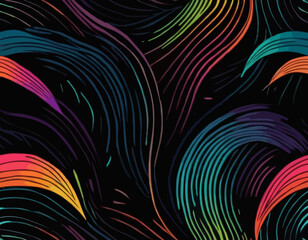 Poster - Abstract Color Line Shape on a Black Background. Vector Curve Gradient Wave Pattern. Doodle Geometric Design Element