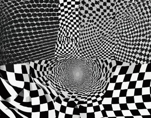 Poster - Color Gradient Lines on Black and White Square Backgrounds. Squiggle 3D Abstract Funny Elements. Bright Vector Pattern