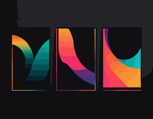 Fototapete - Black Posters with Color Gradient Lines. Abstract Dynamic Colorful Shapes on Dark Background.