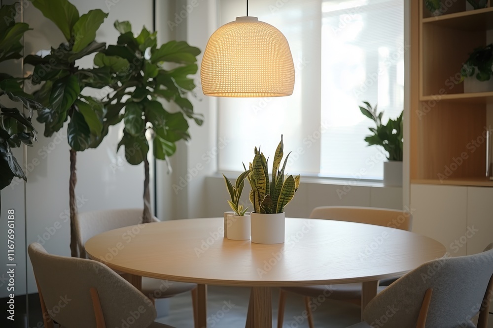 Modern dining room interior design with fiddle leaf fig trees and snake ...
