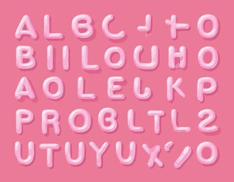 Pink Glossy Balloon Font. Funny Typeset in Y2k 3d Style. Vector Bubble Gum Alphabet. Cute Letters Pinkcore Aesthetic