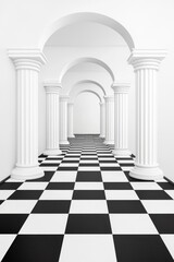 Poster - A black and white backdrop with light filtering through the building's framework. 3D rendering.