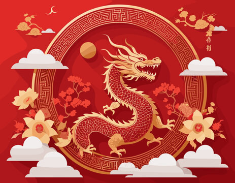 Chinese banner, Happy New Year 2024 poster. Traditional Dragon silhouette icon, 3d flowers, asian clouds on red background. Vector illustration. Astrology China lunar calendar animal symbol