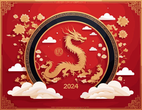Chinese banner, Happy New Year 2024 poster. Traditional Dragon silhouette icon, 3d flowers, asian clouds on red background. Vector illustration. Astrology China lunar calendar animal symbol