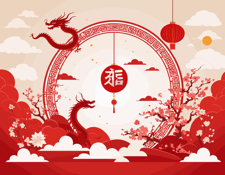 Chinese banner, Happy New Year 2024 poster. Traditional Dragon silhouette icon, 3d flowers, asian clouds on red background. Vector illustration. Astrology China lunar calendar animal symbol