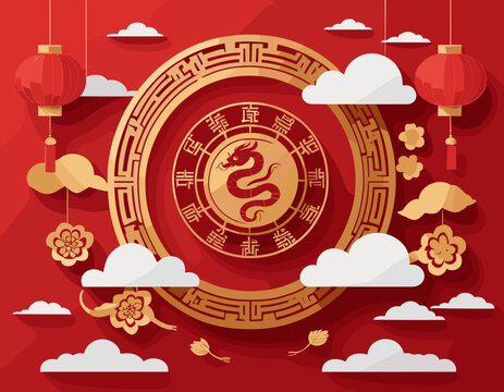 Happy Chinese New Year 2025 Banner, Paper Clouds and Zodiac Wheel. Vector illustration. Papercut Flowers and Gold Lantern on Red Background. Hieroglyph Snake. Place for text. Asian horoscope