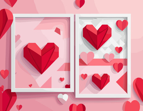 Valentine's day concept posters set. Vector illustration. 3d red and pink paper hearts with frame on geometric background. Cute love sale banners or greeting cards