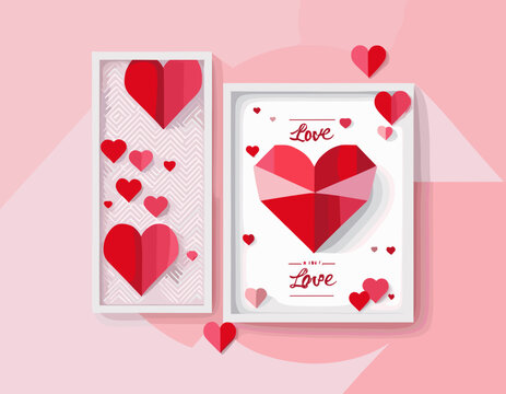 Valentine's day concept posters set. Vector illustration. 3d red and pink paper hearts with frame on geometric background. Cute love sale banners or greeting cards