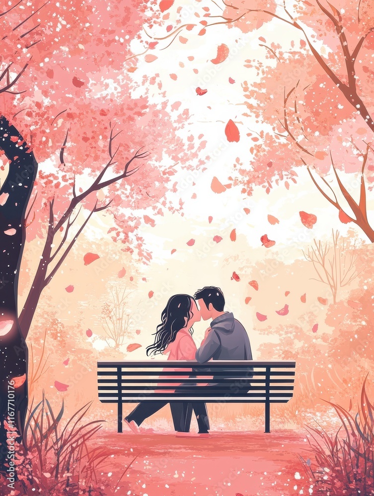 Couple sweet kissing siting on bench in park romantic scenery pastel ...