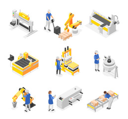 Isometric factory workers. People in uniform working with technology machines and modern robotic arms. Assembly line, manufacturing flawless vector set