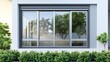 © ShinneProject - Modern sliding glass window with greenery.