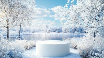 Wall Mural - A serene winter landscape with a circular platform by a frozen lake and snowy trees.